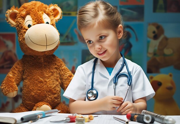 Foto retrato de pediatras com estetoscópio verificando o bebê e segurando um brinquedo de urso de pelúcia