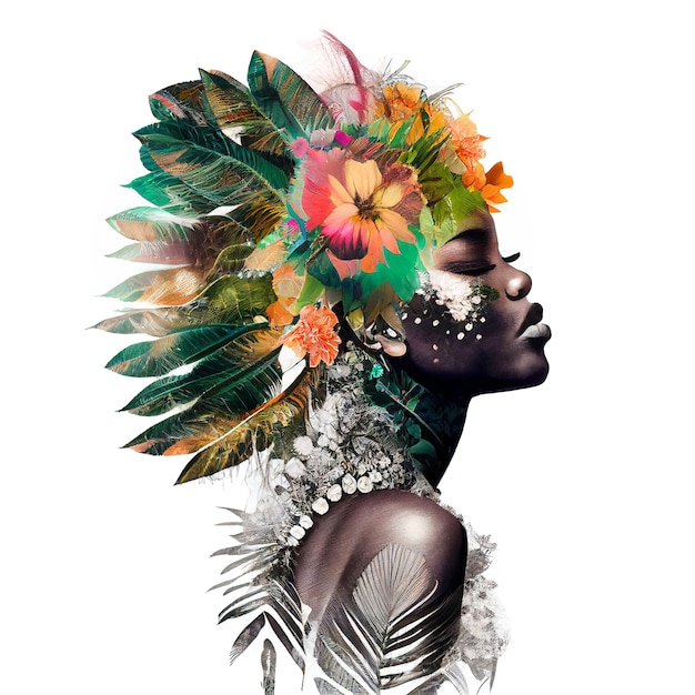 Retrato de perfil de dupla exposição mulher africana Flores Arte digital Ilustração AI