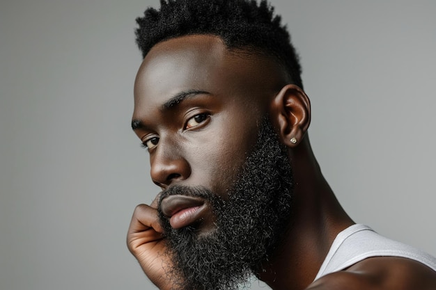 Foto retrato de perfil de jovem hadsome barbudo homem afro-americano em fundo cinza com espaço de cópia