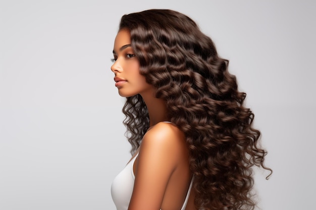 Foto retrato de perfil de mulher afro-americana morena com longos cabelos encaracolados e brilhantes em vestido branco