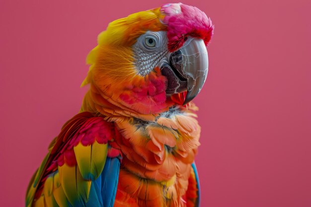 Foto retrato de perfil de papagaio-ara colorido em fundo rosa vibrante pássaro exótico com plumagem brilhante