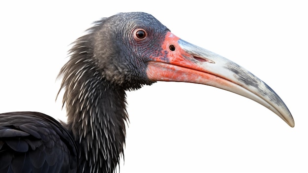 Retrato de perfil de um Ibis Bald do Norte Geronticus eremita Isolado em branco