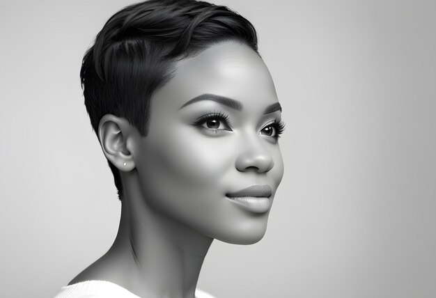 Retrato de perfil preto e branco de uma bela mulher afro-americana com cabelo curto em close-up