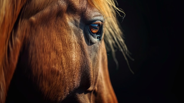 Retrato de perfil próximo de um cavalo retroiluminado pelo sol A pele dos cavalos brilha com luz dourada