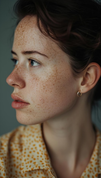 Retrato de perfil sereno de uma mulher com sardas