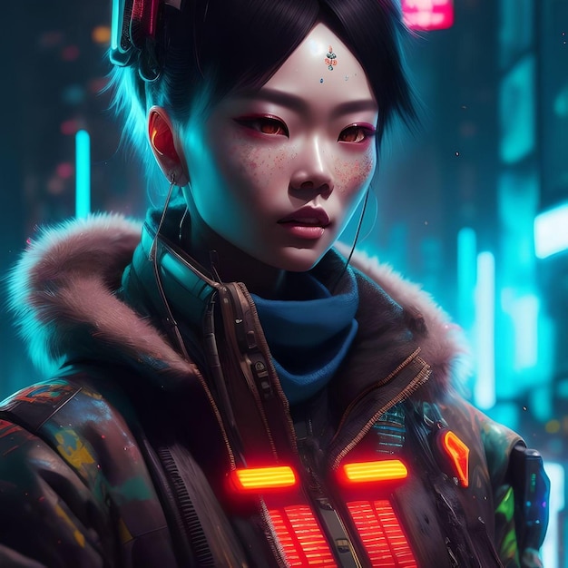 Retrato de personagem de jogo feminino asiático com casaco moderno grosso olhando para a câmera em Cyberpunk