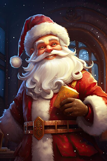 Retrato de personagem de Papai Noel sorridente com ilustração digital vertical de caixa de presente para o Natal