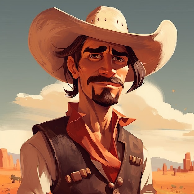 Retrato de personagem ocidental simplificado e estilizado no deserto