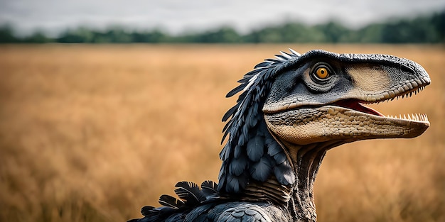 Retrato de perto de um dinossauro-raptor emplumado no deserto