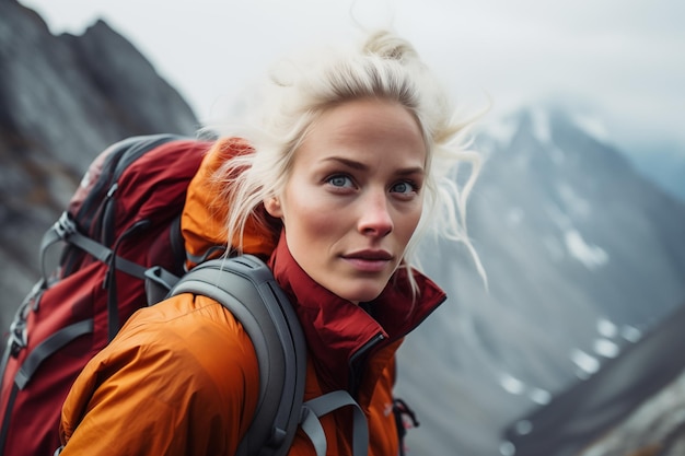 Retrato de perto de uma bela alpinista loira enquanto navega até o topo da montanha