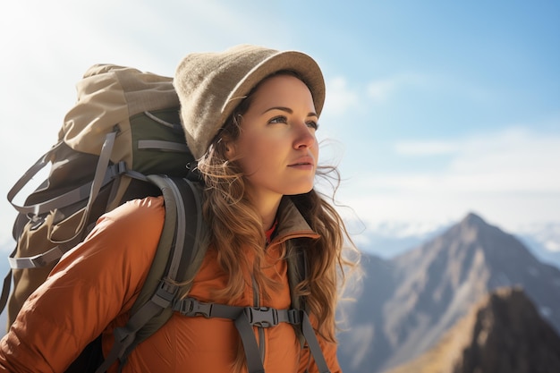 Retrato de perto de uma bela jovem alpinista enquanto navega para o topo da montanha