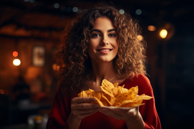 Retrato de perto de uma bela mulher afro-americana comendo batatas fritas