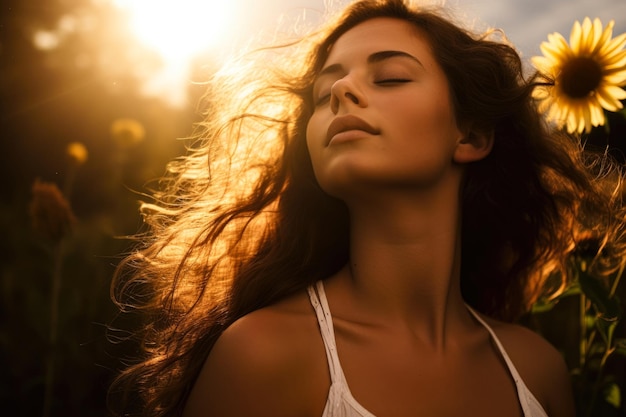 Retrato de perto de uma jovem linda com a luz do sol