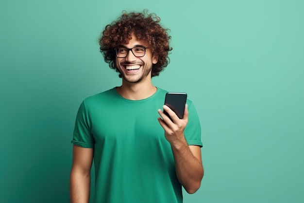 Foto retrato de pessoa agradável com dentes radiantes vestindo uma camiseta elegante com óculos segurando um smartphone no braço do bolso isolado em fundo verde