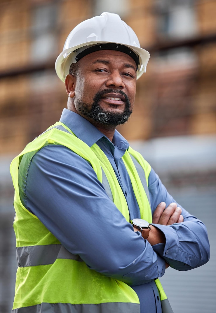 Foto retrato de pessoa confiante e masculina como empreiteiro ao ar livre para o desenvolvimento ou planejamento de projetos de construção arquiteto profissional e indústria para a segurança com os braços cruzados para o desenvolvimento