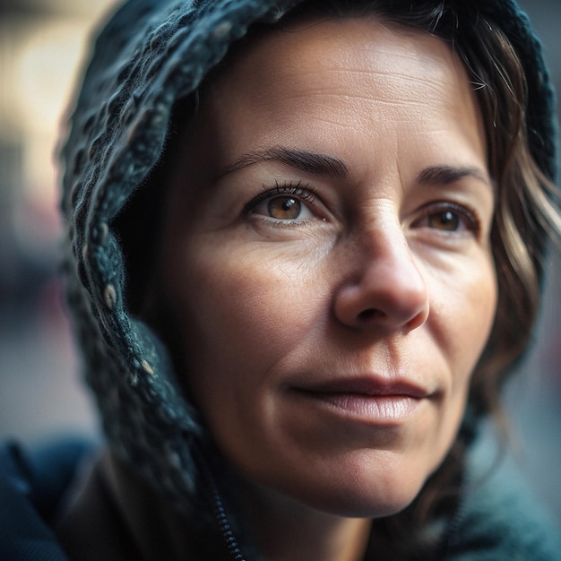 Retrato de pessoa real natural e close-up de uma menina ou mulher fora da natureza ou de uma floresta Rosto artístico, bonito ou bonito gerado por IA