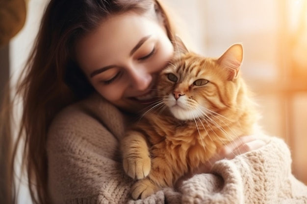 Retrato de pessoas abraçando o conceito de animal de estimação de gato