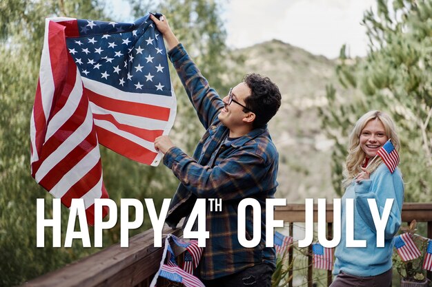 Foto retrato de pessoas com a bandeira americana para celebrar o dia da independência