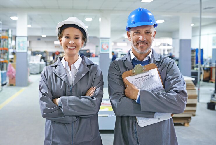 Foto retrato de pessoas ou papel em logística de hard hat ou entrega de produtos em edifício de armazém homem maduro mulher feliz ou clipboard em estoque de documentos ou administração de envio como projeto de cadeia de suprimentos