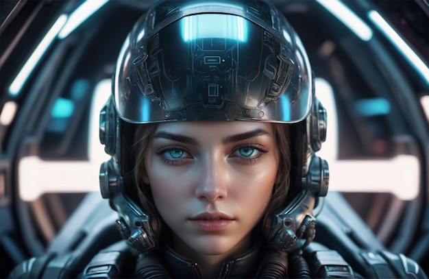 Retrato de piloto com capacete futurista que cobre todo o rosto