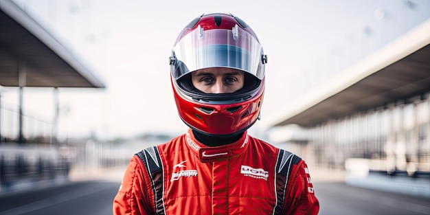 Foto retrato de piloto de f1 vermelho vestindo capacete completo, vidro fechado, piloto de fórmula 1 de pé na pista de corrida