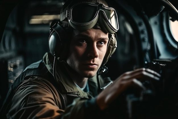 Retrato de piloto militar no cockpit de um caça moderno Generative AI