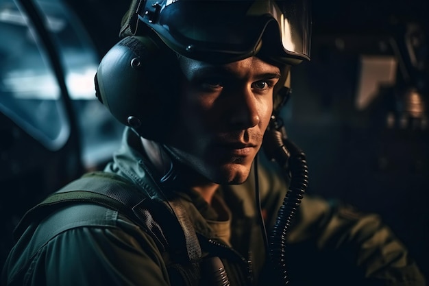 Retrato de piloto militar no cockpit de um caça moderno Generative AI
