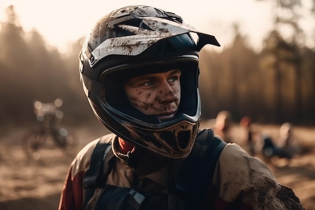 Retrato de piloto sujo em capacete em moto esportiva em uma corrida natural Generative AI