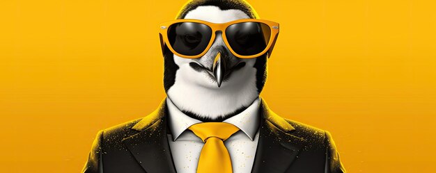 Retrato de pinguim usando óculos escuros em fundo amarelo escuro Generative Ai