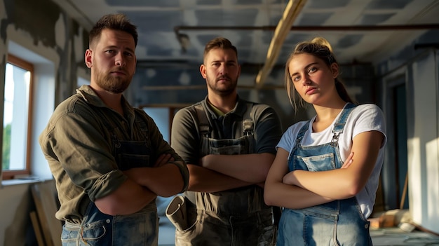 Foto retrato de pintores olhando seriamente para os especialistas em molduras em um anúncio de construção