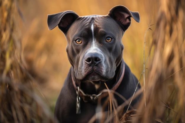Retrato de pitbull preto e marrom em campo criado usando tecnologia generativa de IA