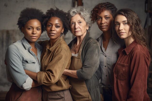 Foto retrato de poderosas mulheres multiétnicas trabalhadoras de fábrica geradas por ai