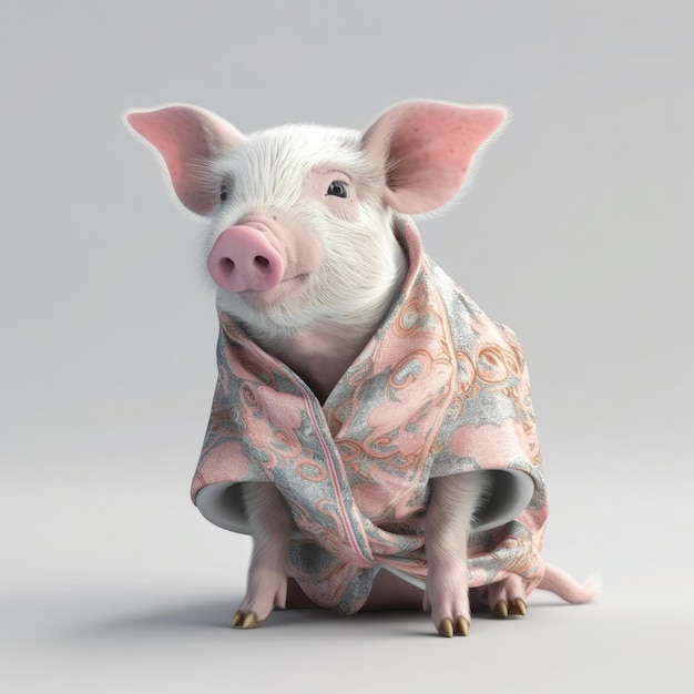 Retrato de porco de desenho animado 3D vestindo roupas, óculos, chapéu e jaqueta em pé na frente
