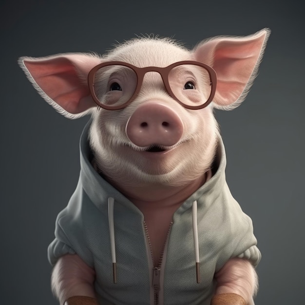 Retrato de porco de desenho animado 3D vestindo roupas, óculos, chapéu e jaqueta em pé na frente