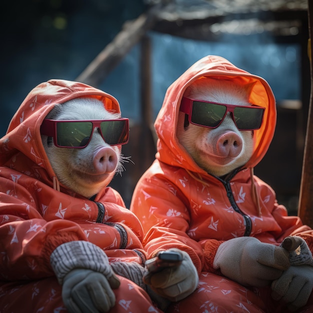 retrato de porcos com óculos de sol Animais engraçados em grupo juntos olhando para a câmera vestindo roupas se divertindo juntos tirando uma selfie Um momento inusitado cheio de diversão e consciência fashion