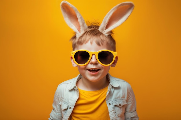 Retrato de primavera de um menino feliz usando orelhas de coelhinho da páscoa e óculos de sol generativos ai