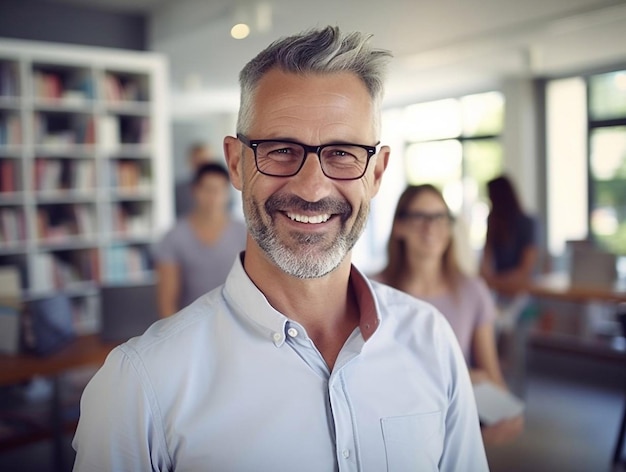 Retrato de professor de negócios feliz e treinador profissional Homem bonito com camisa azul e óculos de pé no escritório após a aula de treinamento corporativo para a equipe de funcionários