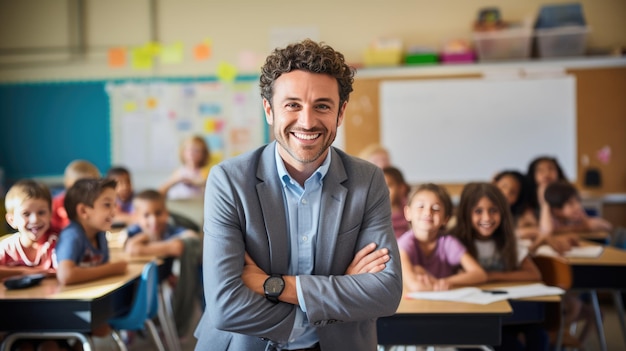 Retrato de professor feliz em sala de aula na frente dos alunos