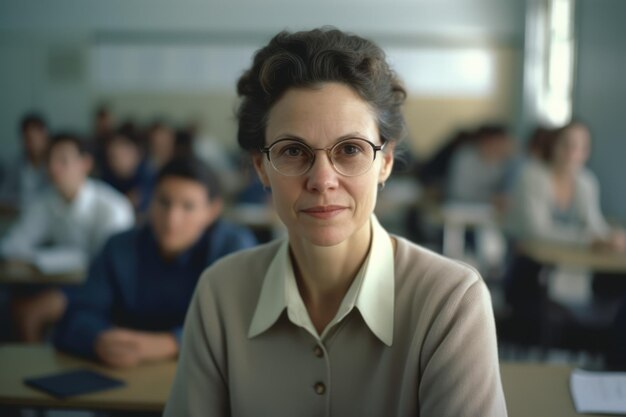 Retrato de professora caucasiana criada usando tecnologia generativa de IA