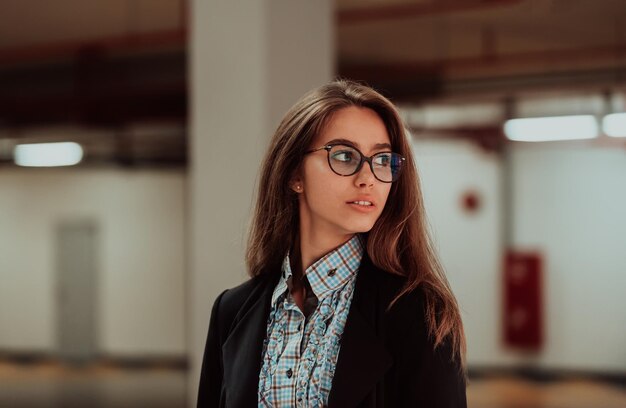 Retrato de profissional feminina de sucesso com os braços cruzados Empresária sorridente em pé na garagem