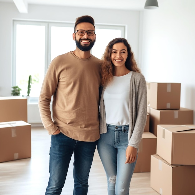 Retrato de propriedade de casa de casal jovem feliz em pé em novo flathouse ou apartamento alegre