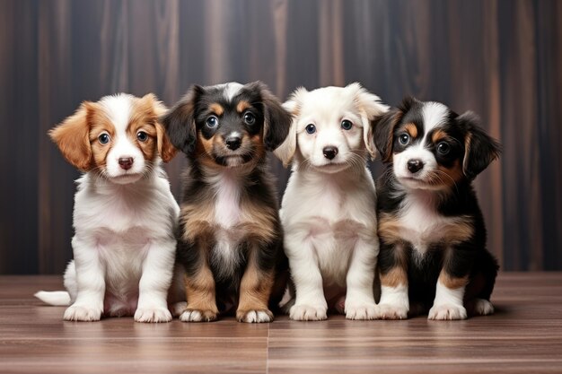 Foto retrato de quatro cães sentados em casa e olhando para a câmera