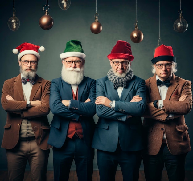 Retrato de quatro homens de negócios vestindo chapéus de Papai Noel de pé com os braços cruzados e olhando para a câmera AI generativa