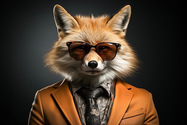 Retrato de raposa vermelha com óculos de sol, vestindo terno e gravata em fundo sólido Generative AI