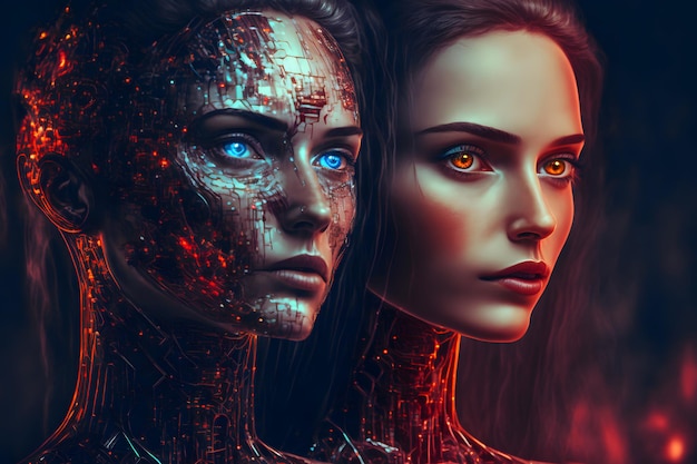 Retrato de robô humanoide feminino futurista moderno com detalhes de tecnologia no rosto Arte gerada por rede neural