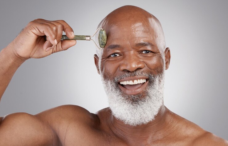 Foto retrato de rolo de rosto e homem negro sênior com pedra de sorriso para cuidados com a pele e produto de dermatologia para brilho da pele cuidados de idosos e rolo de jade facial para modelo masculino em autocuidado para beleza antienvelhecimento