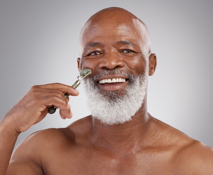 Foto retrato de rolo facial ou homem sênior com pedra para cuidados com a pele ou produto dermatológico para brilho da pele bochecha idosa e rolo facial de um modelo masculino africano fazendo autocuidado para cuidar da aparência com jade para beleza
