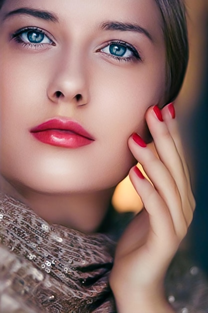 Retrato de rosto de beleza e glamour de mulher bonita com maquiagem de manicure e batom vermelho usando ouro para estilo e moda de cosméticos de luxo