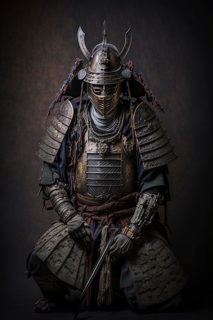 retrato de samurai armadura de corpo inteiro com fundo escuro