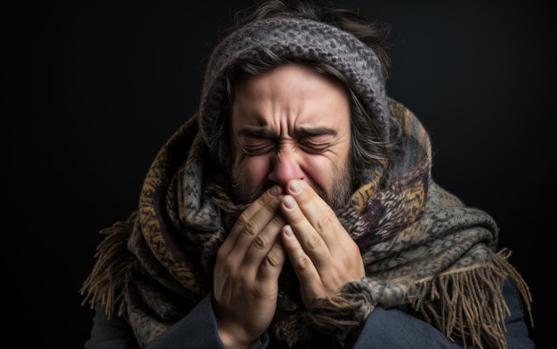 Retrato de saúde prejudicada de um homem espirrando em sua luta contra um resfriado